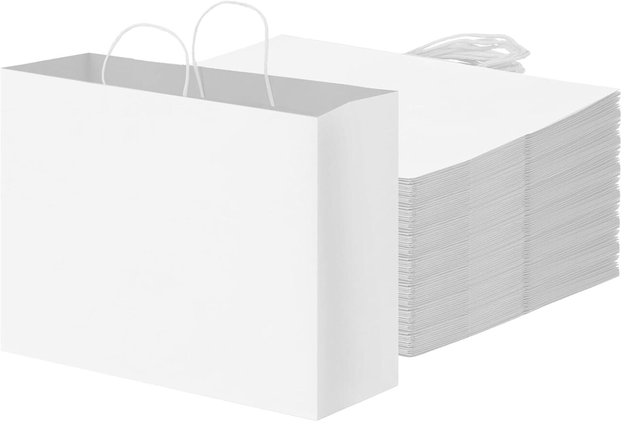 60pcs 16x6x12 Inch White Paper Bags with Handles, Kraft Large Paper Gift Bags for Business, Merchandise, Gifts, Shopping, Retail Stores, Birthday Party